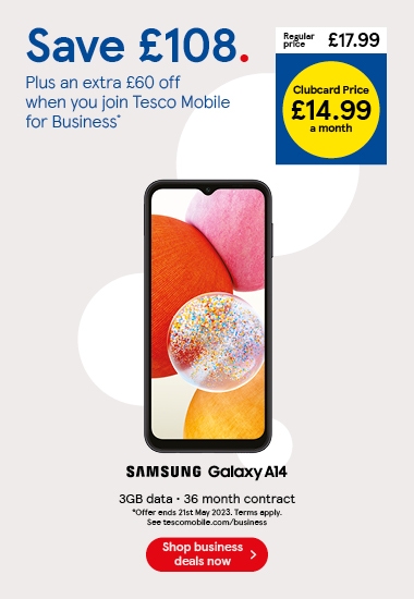 Save £108 on Samsung Galaxy A14 for business with Clubcard prices