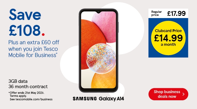 Save £108 on Samsung Galaxy A14 for business with Clubcard prices